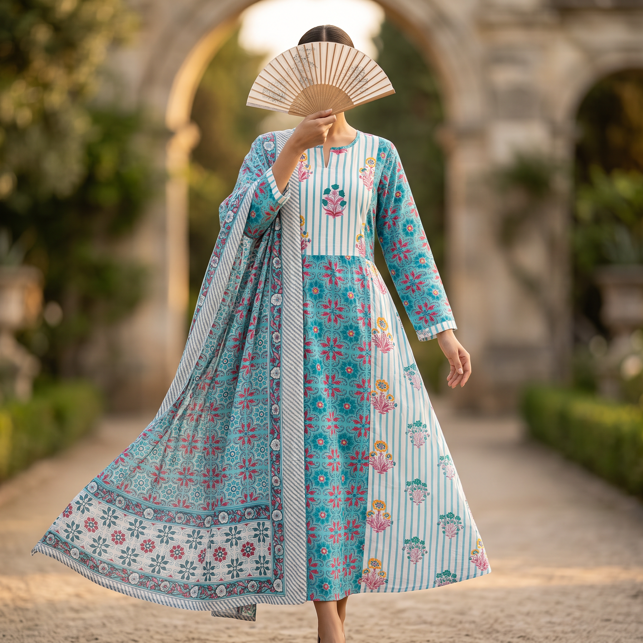 L-XL Heba Printed Cotton Dress 57" Long Jalabiya With Sheila TN 380