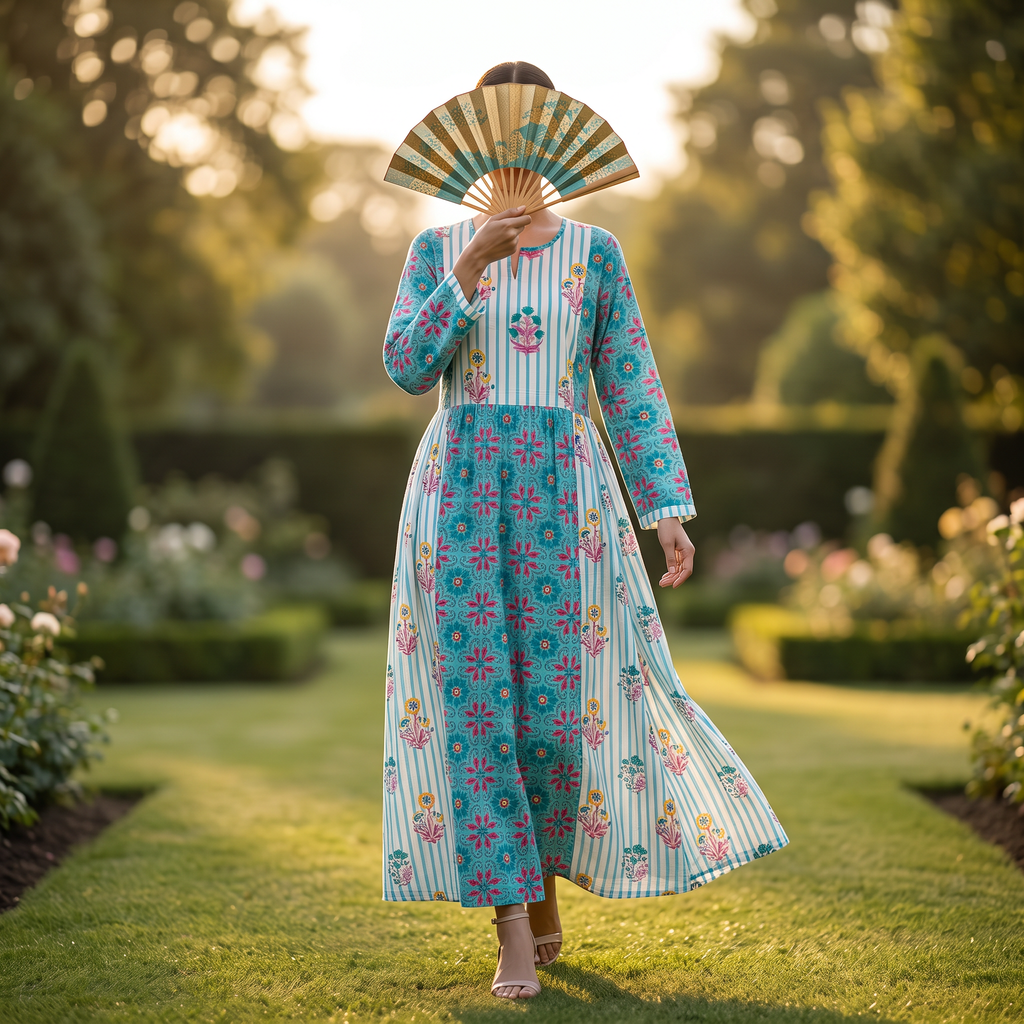 L-XL Heba Printed Cotton Dress 57" Long Jalabiya With Sheila TN 380