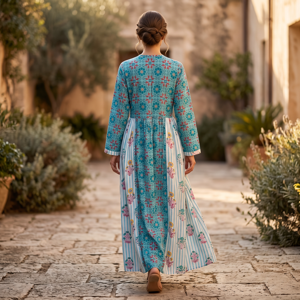 L-XL Heba Printed Cotton Dress 57" Long Jalabiya With Sheila TN 380