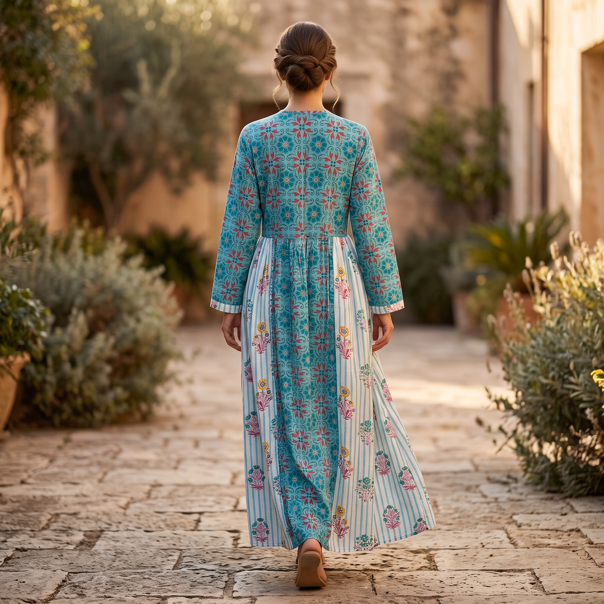 L-XL Heba Printed Cotton Dress 57" Long Jalabiya With Sheila TN 380