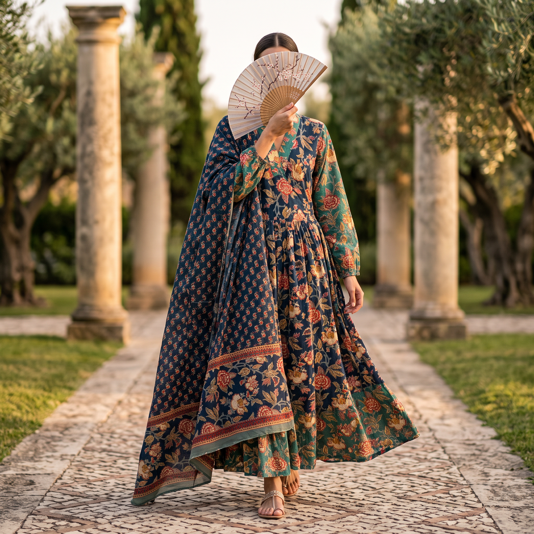 XS-S Bahira Printed Cotton Dress 54" Long Jalabiya With Sheila TN 381