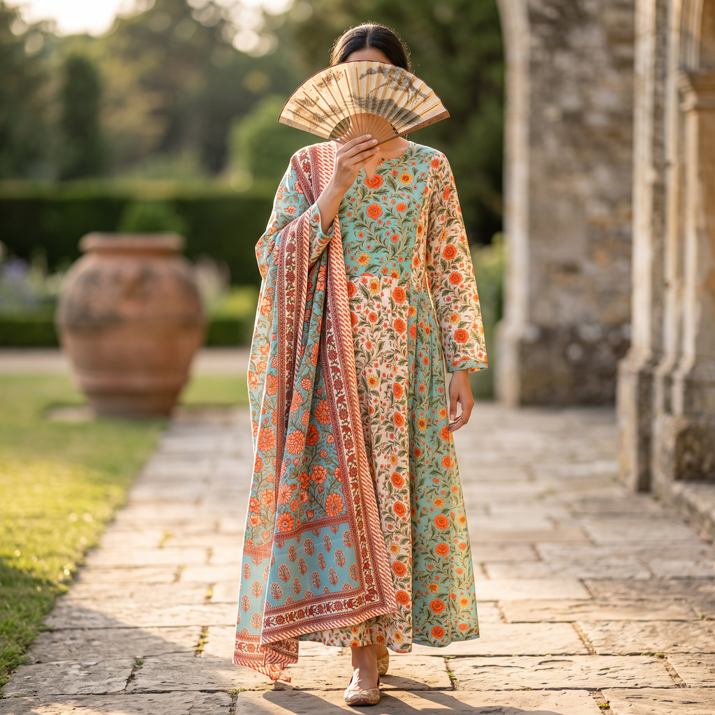 S-M Heba Printed Cotton Dress 57" Long Jalabiya With Sheila TN 385