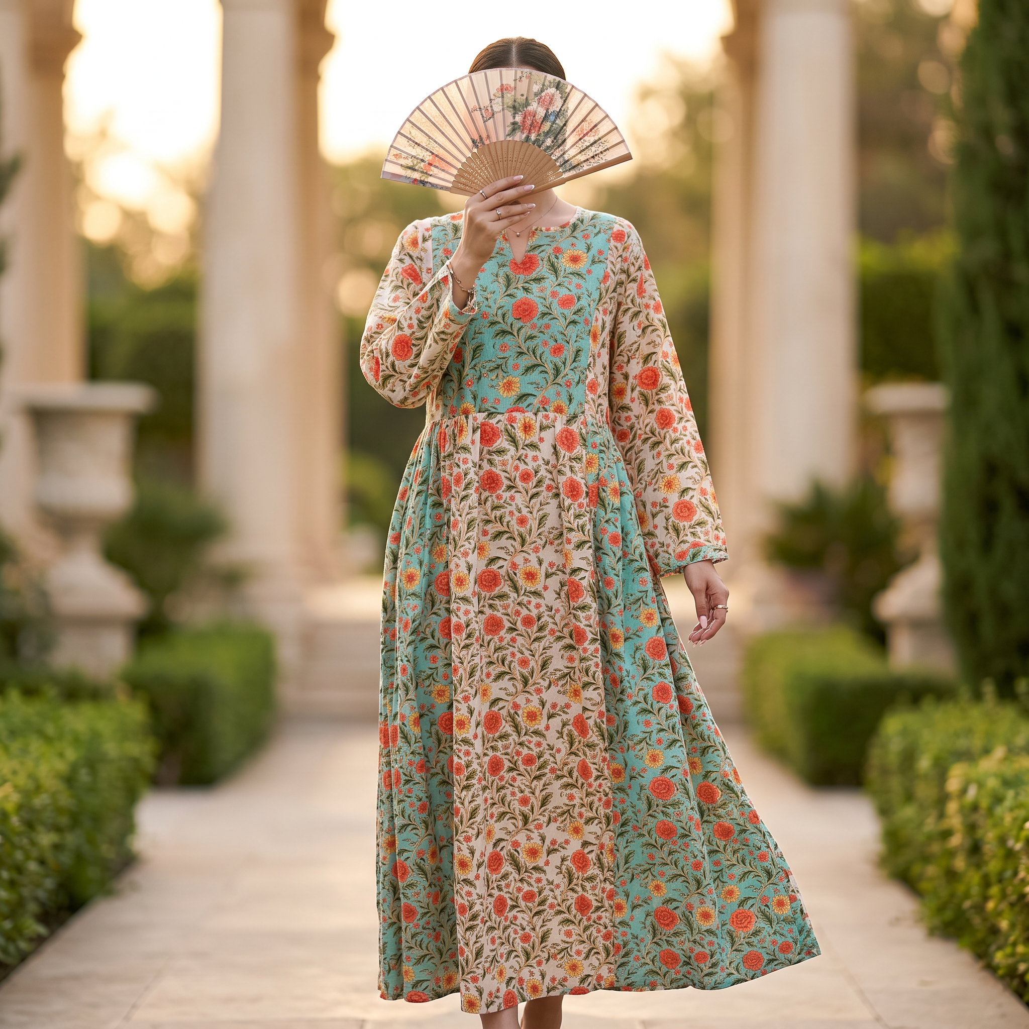 S-M Heba Printed Cotton Dress 57" Long Jalabiya With Sheila TN 385