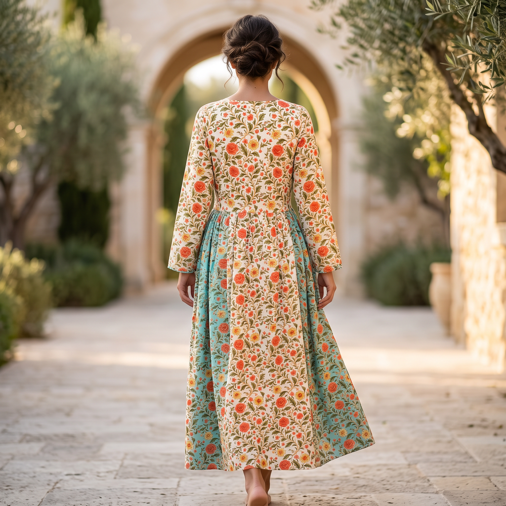 S-M Heba Printed Cotton Dress 57" Long Jalabiya With Sheila TN 385