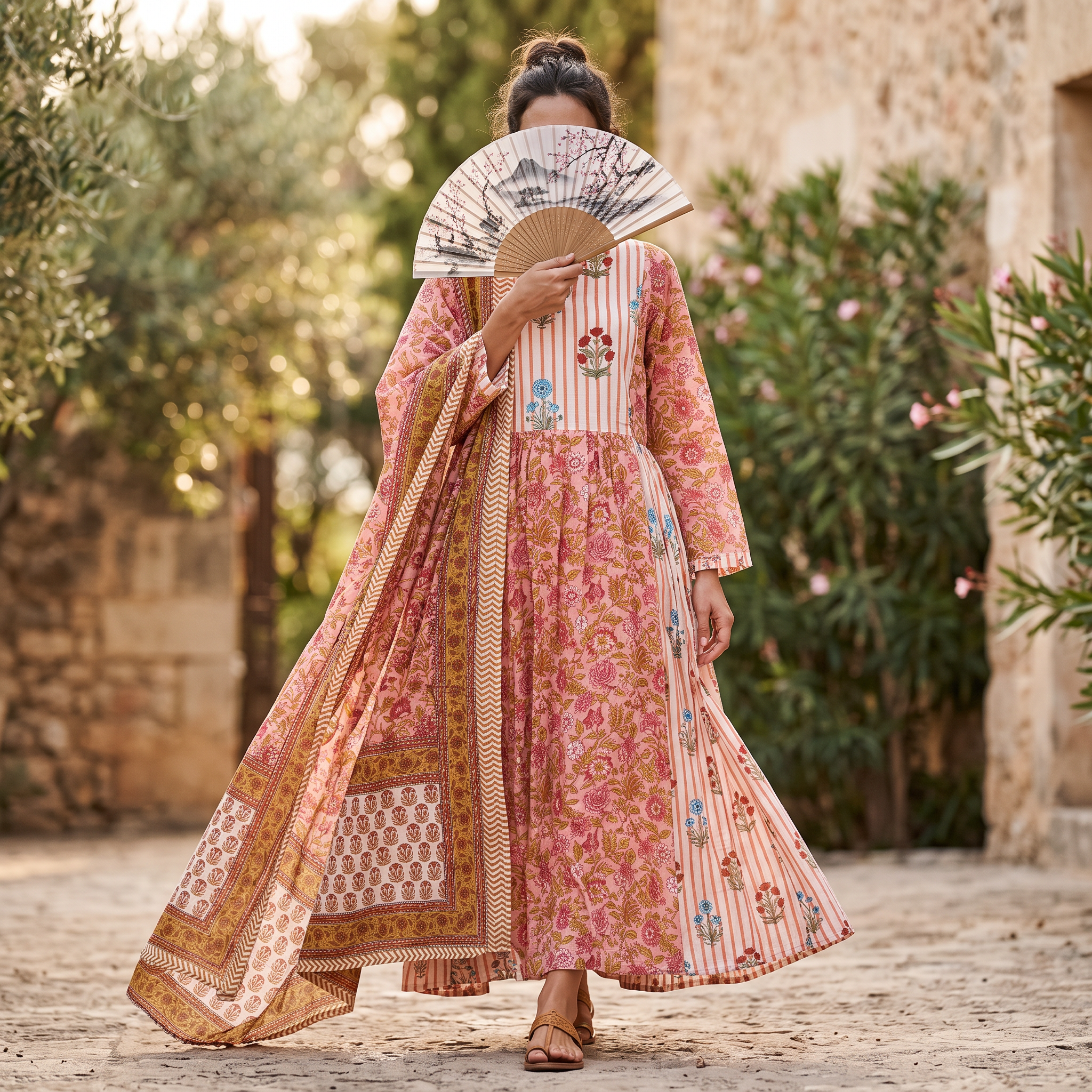 L-XL Heba Printed Cotton Dress 57" Long Jalabiya With Sheila TN 386