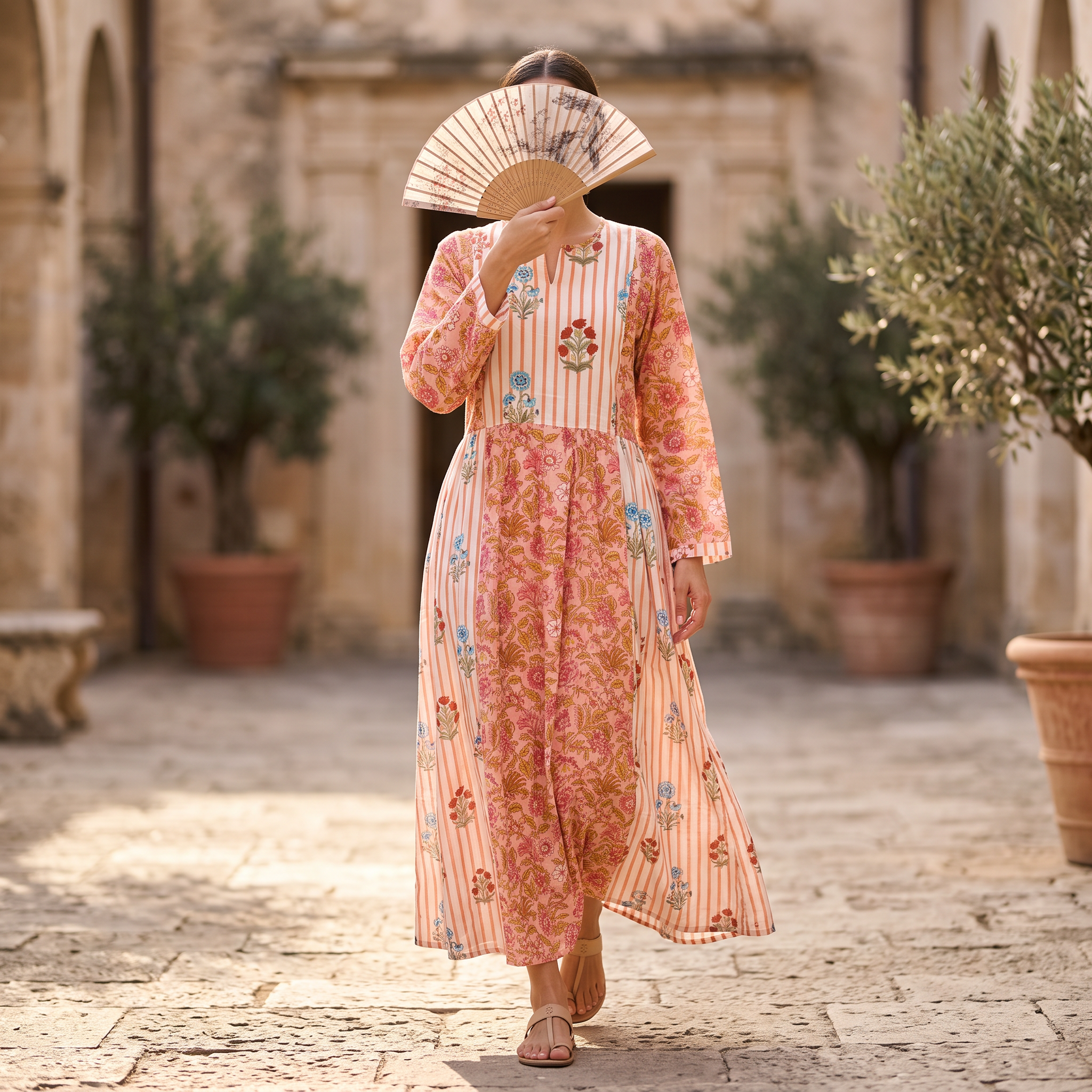 L-XL Heba Printed Cotton Dress 57" Long Jalabiya With Sheila TN 386