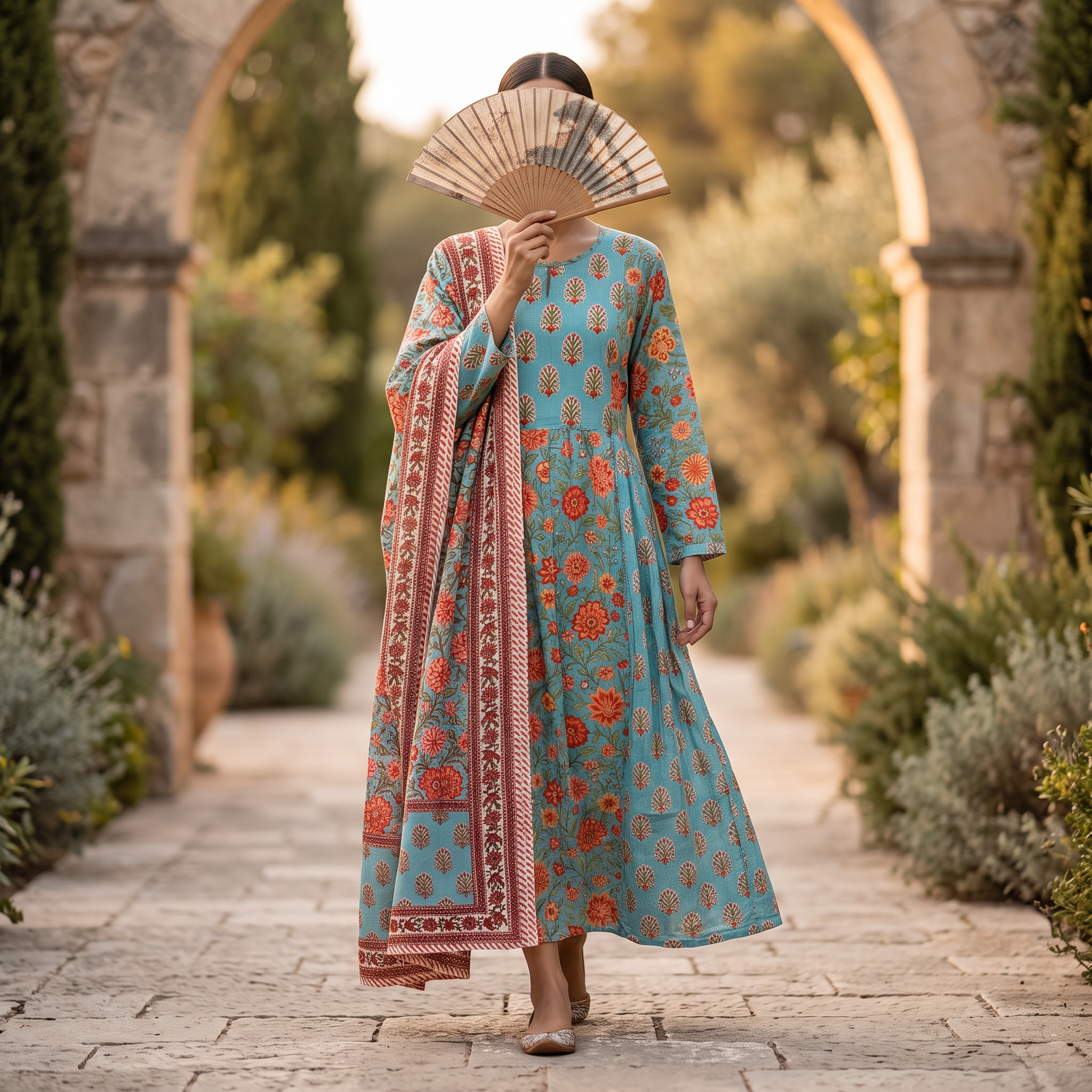 L-XL Heba Printed Cotton Dress 57" Long Jalabiya With Sheila TN 388