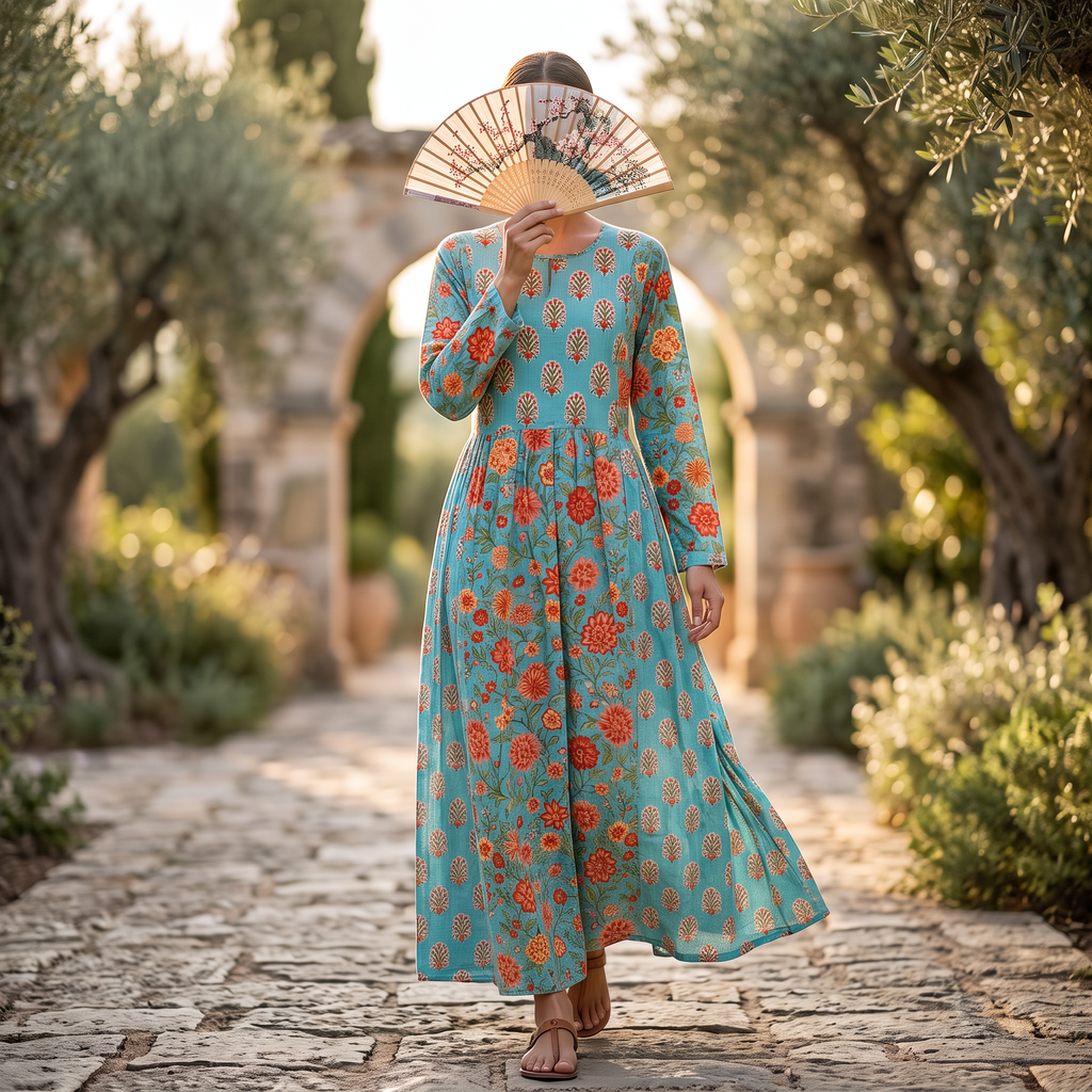 L-XL Heba Printed Cotton Dress 57" Long Jalabiya With Sheila TN 388