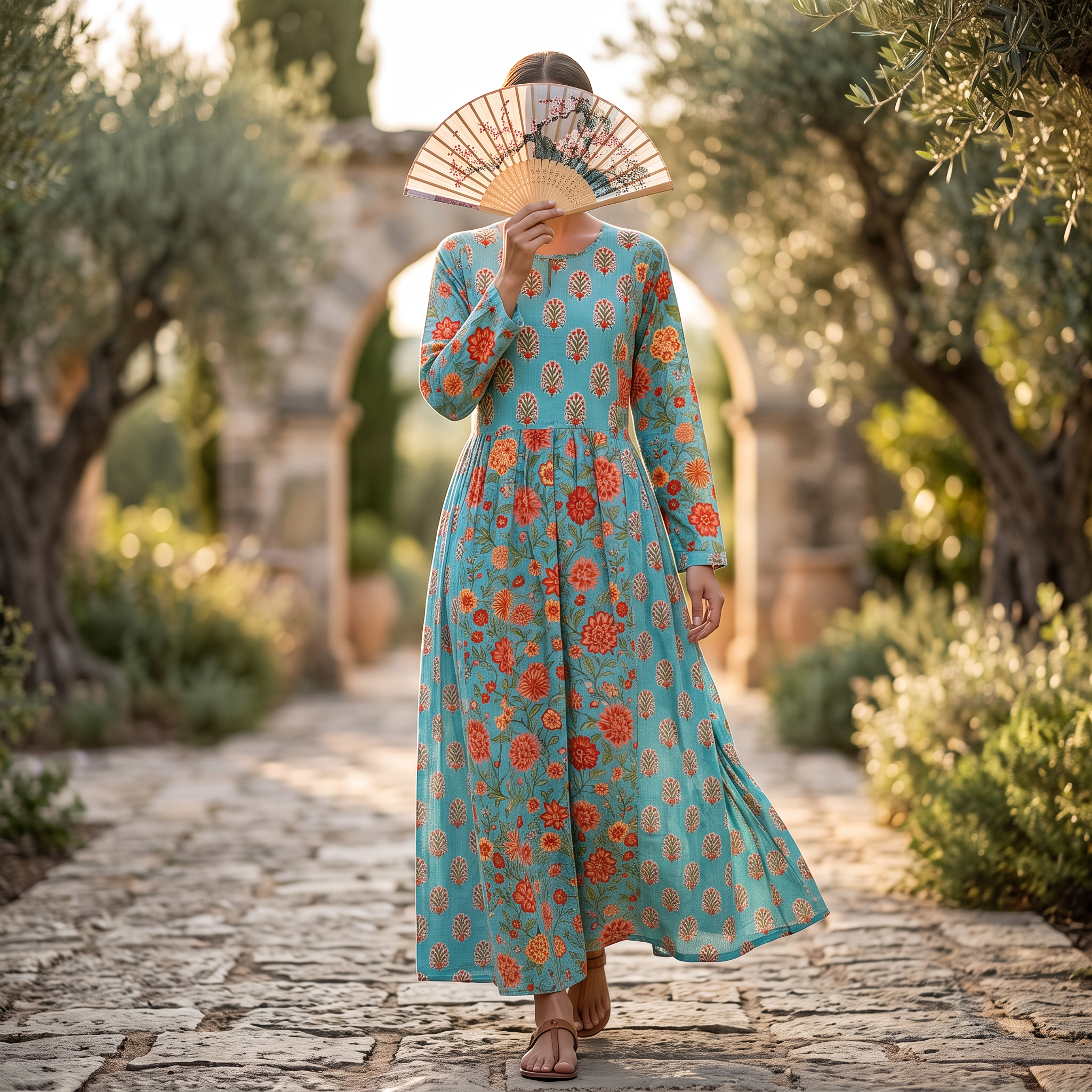 L-XL Heba Printed Cotton Dress 57" Long Jalabiya With Sheila TN 388