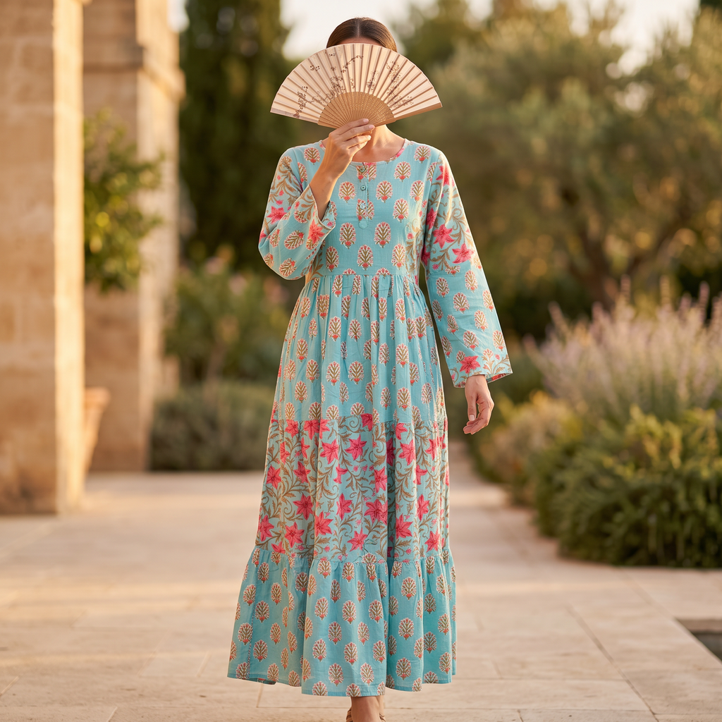 S-M Juhi Printed Cotton Dress 57" Long Jalabiya With Sheila TN 389