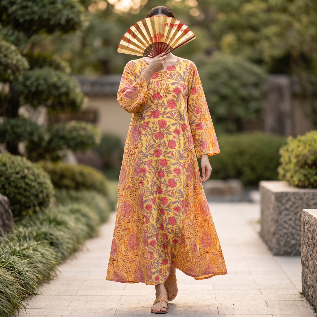 S-M Crystal Goya Printed Cotton Dress 57" Long Jalabiya TN 490