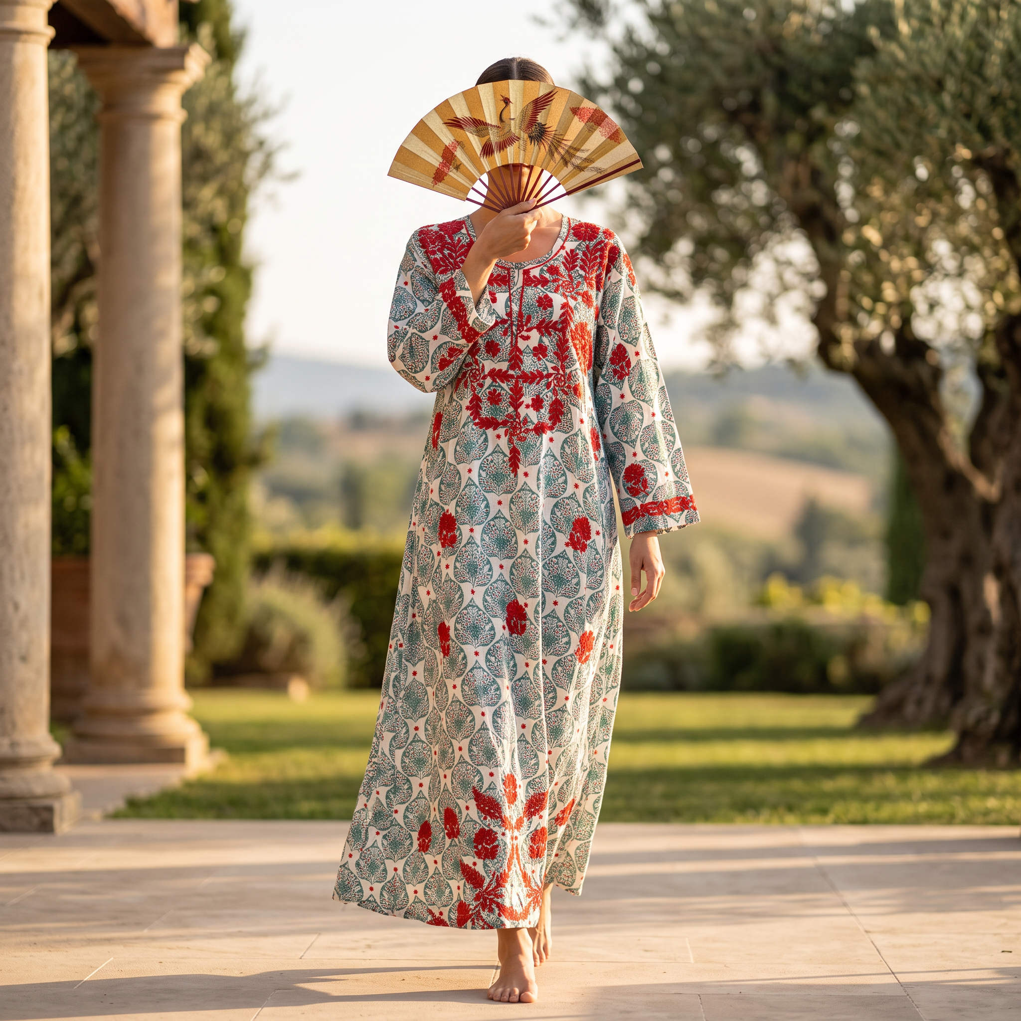 S/M Fahar Embroidery Printed Cotton Dress 57" Long Jalabiya TN 544