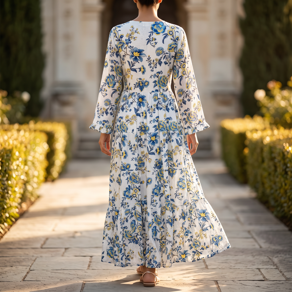 S-M Crystal Razia Printed Cotton Dress 57" Long Jalabiya TN 617