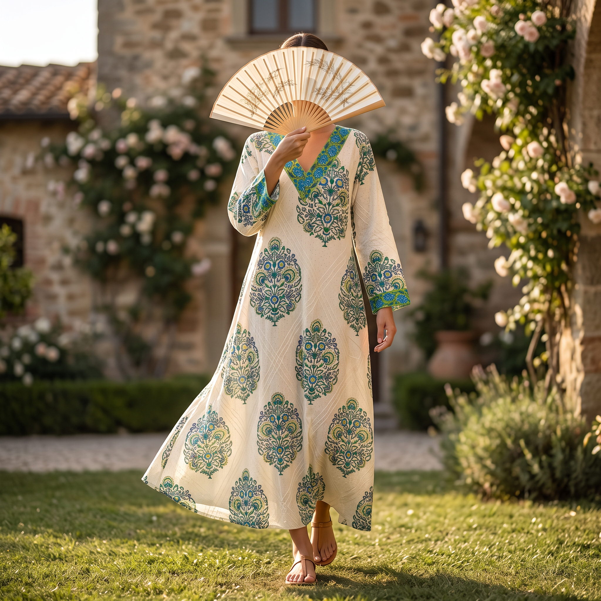 S-M Crystal Leila Printed Cotton Dress 57" Long Jalabiya TN 620