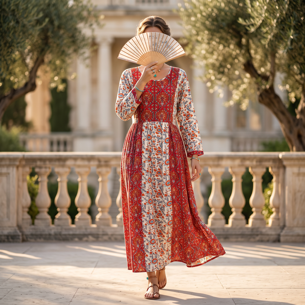 S/M Crystal Heba Printed Cotton Dress 57" Long Jalabiya TN 621