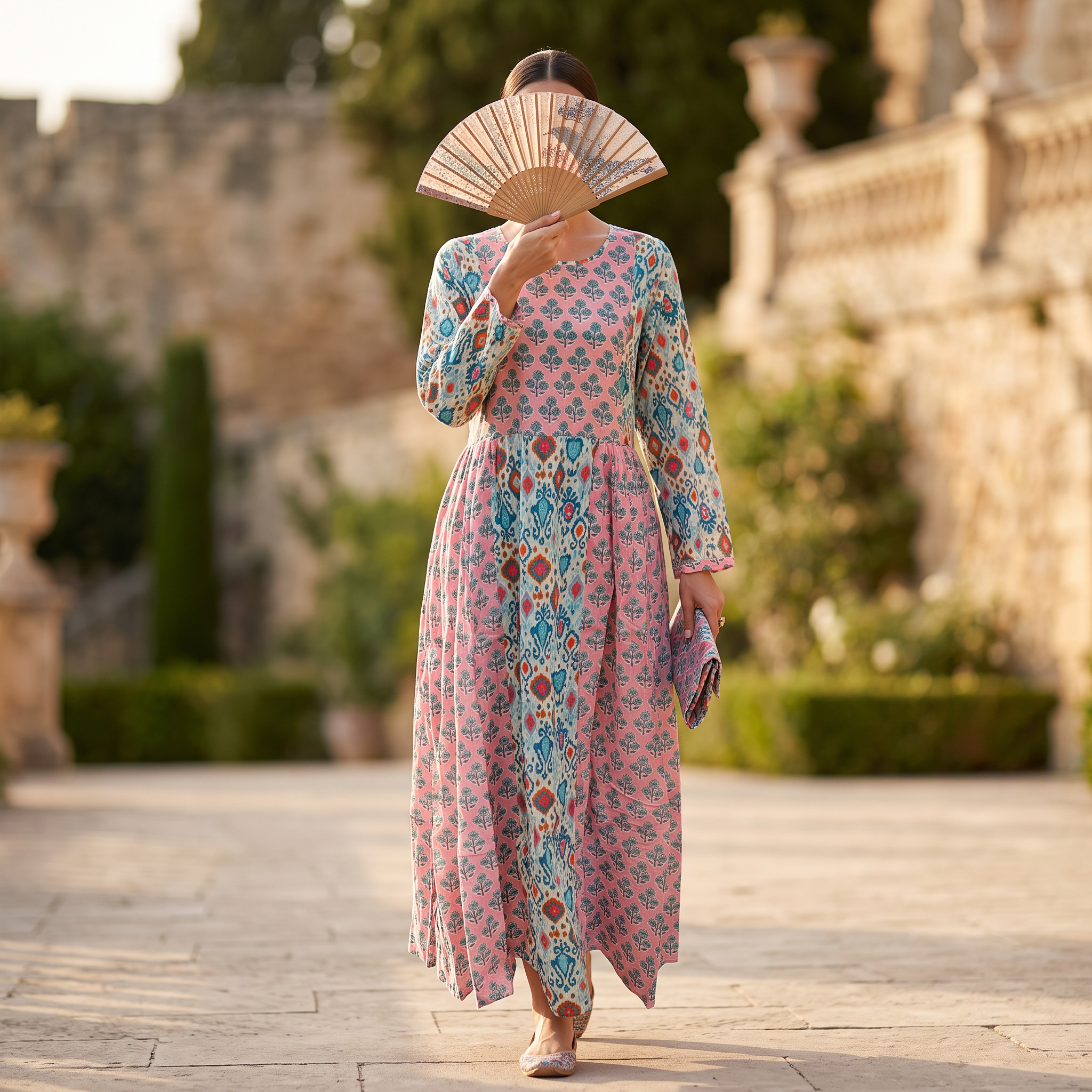 XS/S Crystal Heba Printed Cotton Dress 54" Long Jalabiya TN 631