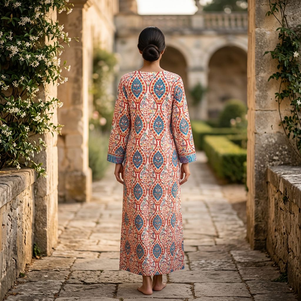 S/M Crystal Lupines Printed Cotton Dress 57" Long Jalabiya TN 649