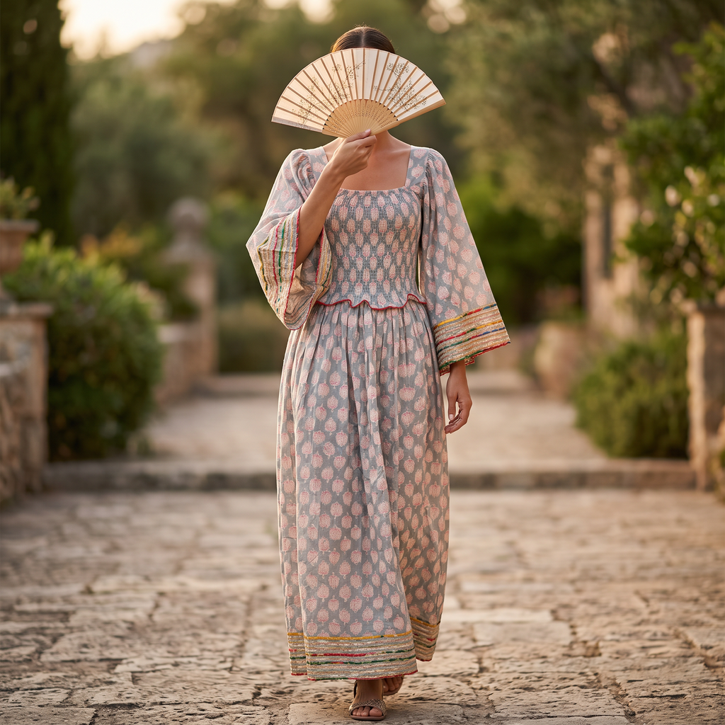 S/M Crystal Elzina Printed Cotton Dress 57" Long Jalabiya TN 654
