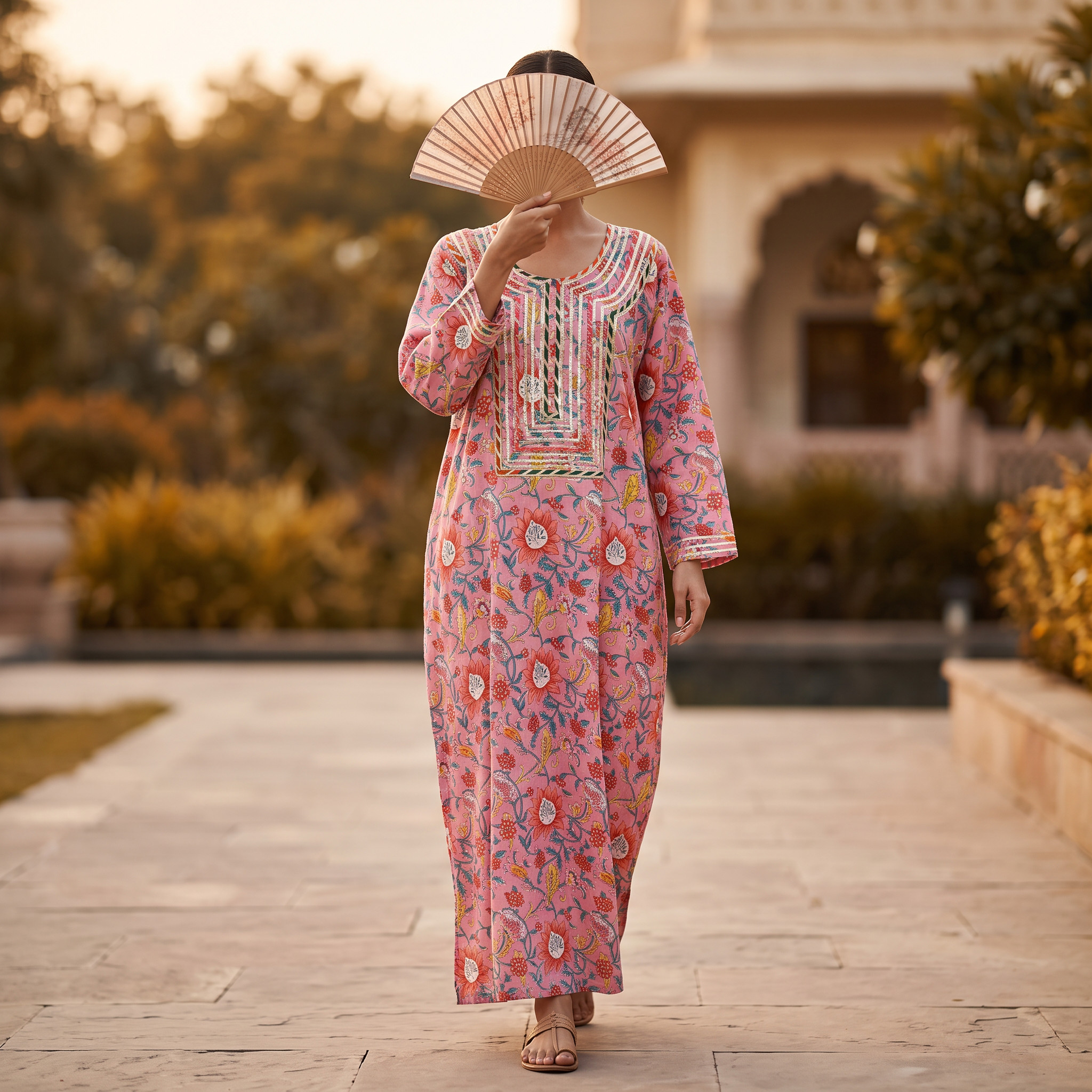 L-XL Harisa Printed Cotton Dress 57" Long Jalabiya TN 657