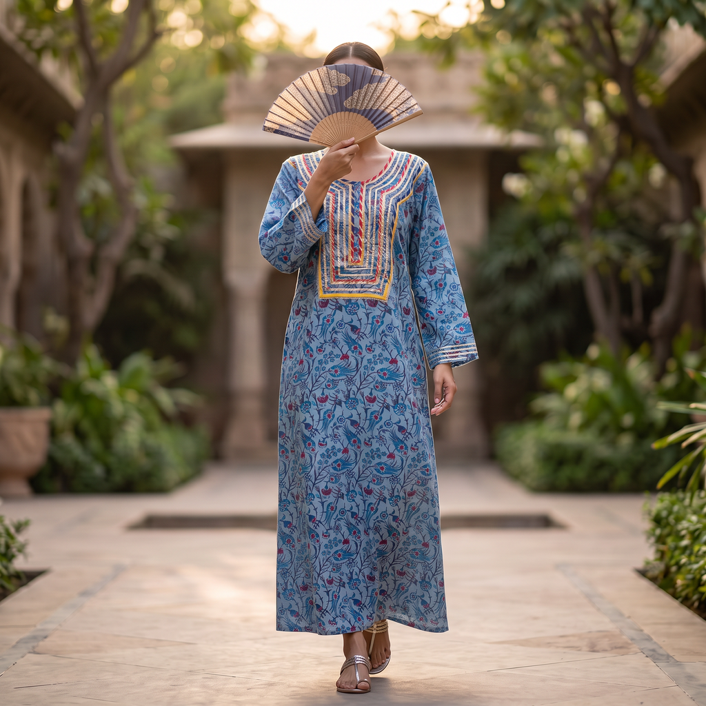 L-XL Harisa Printed Cotton Dress 57" Long Jalabiya TN 658