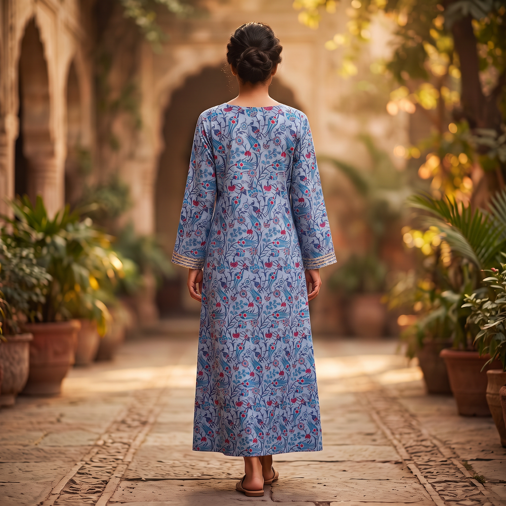 L-XL Harisa Printed Cotton Dress 57" Long Jalabiya TN 658