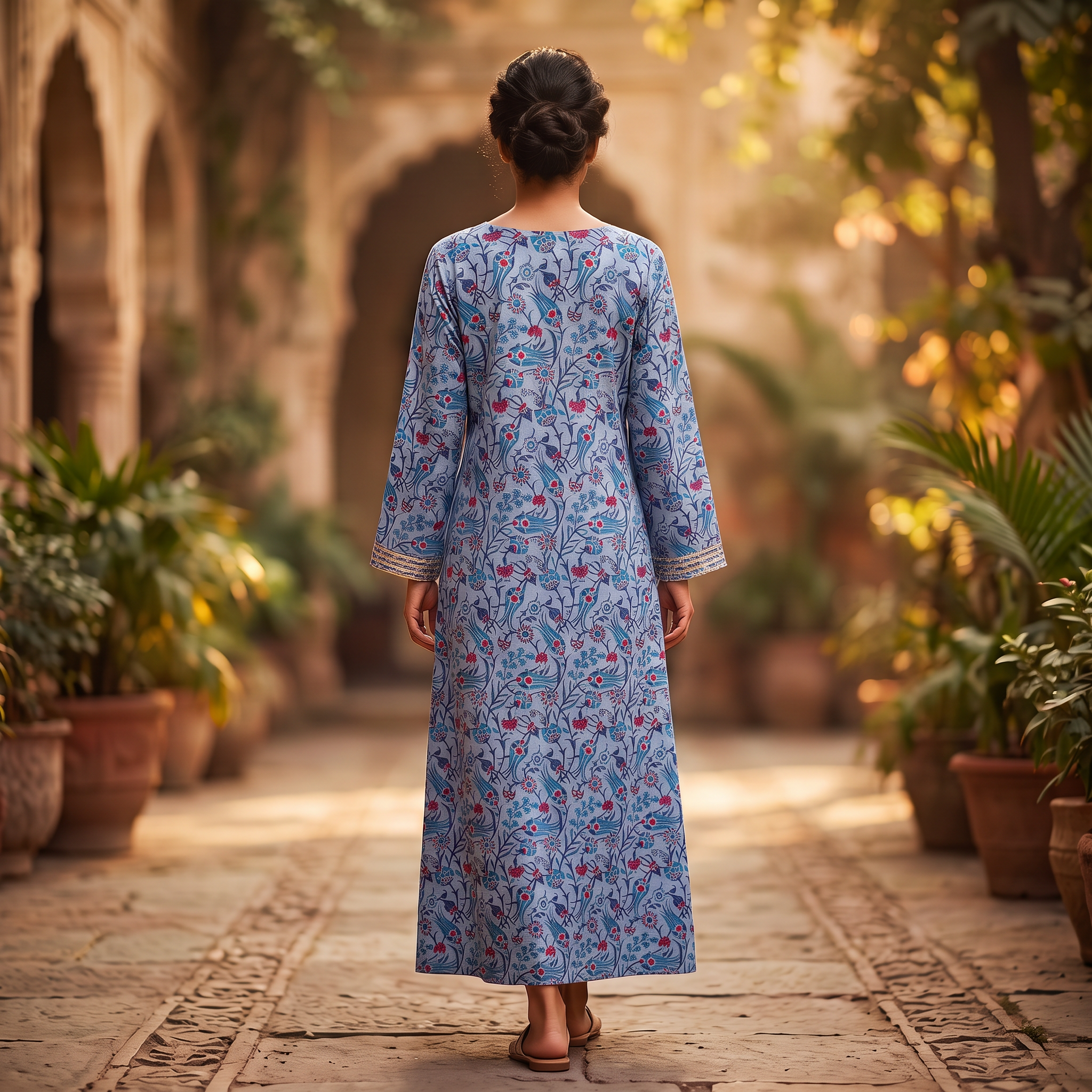 L-XL Harisa Printed Cotton Dress 57" Long Jalabiya TN 658