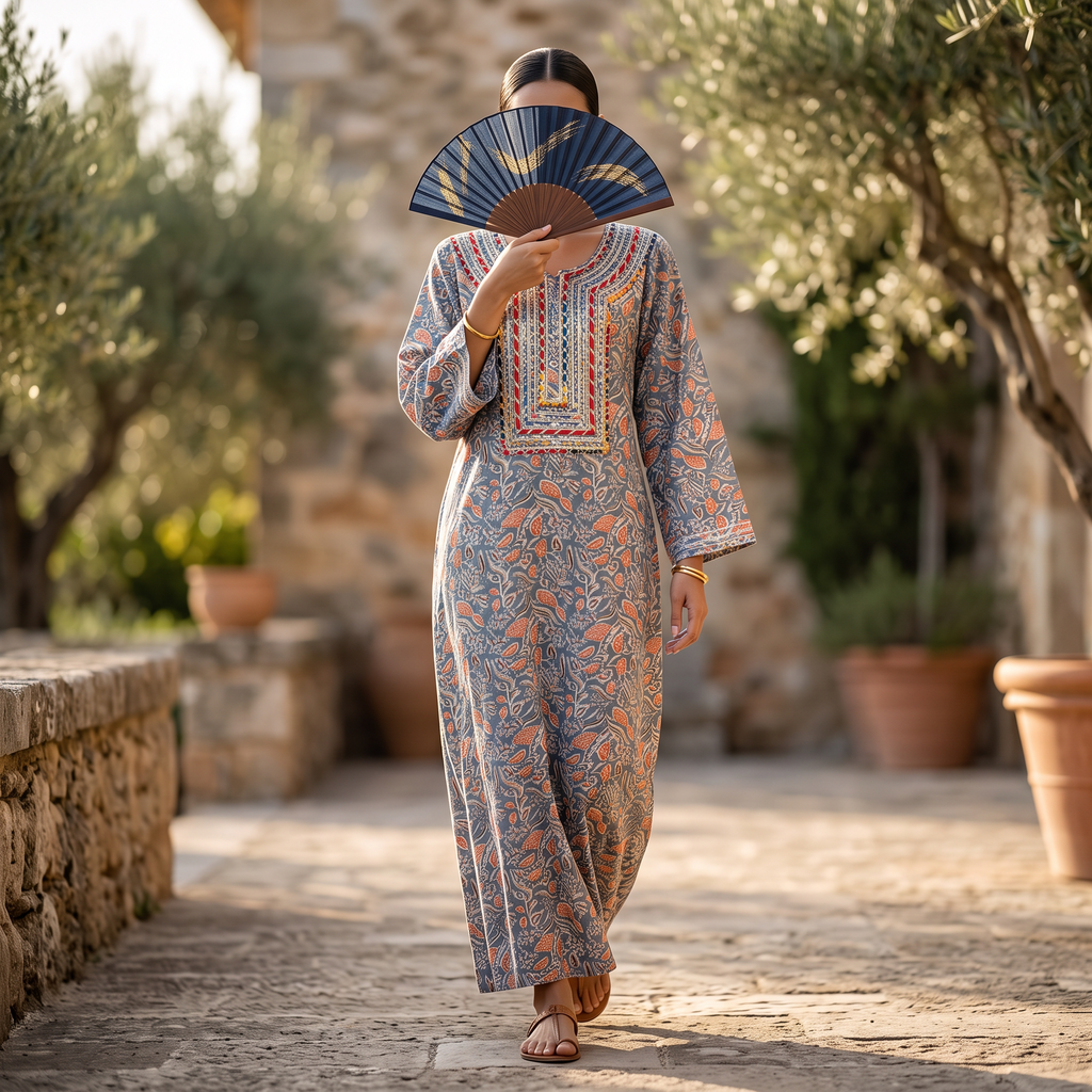 L-XL Harisa Printed Cotton Dress 57" Long Jalabiya TN 659