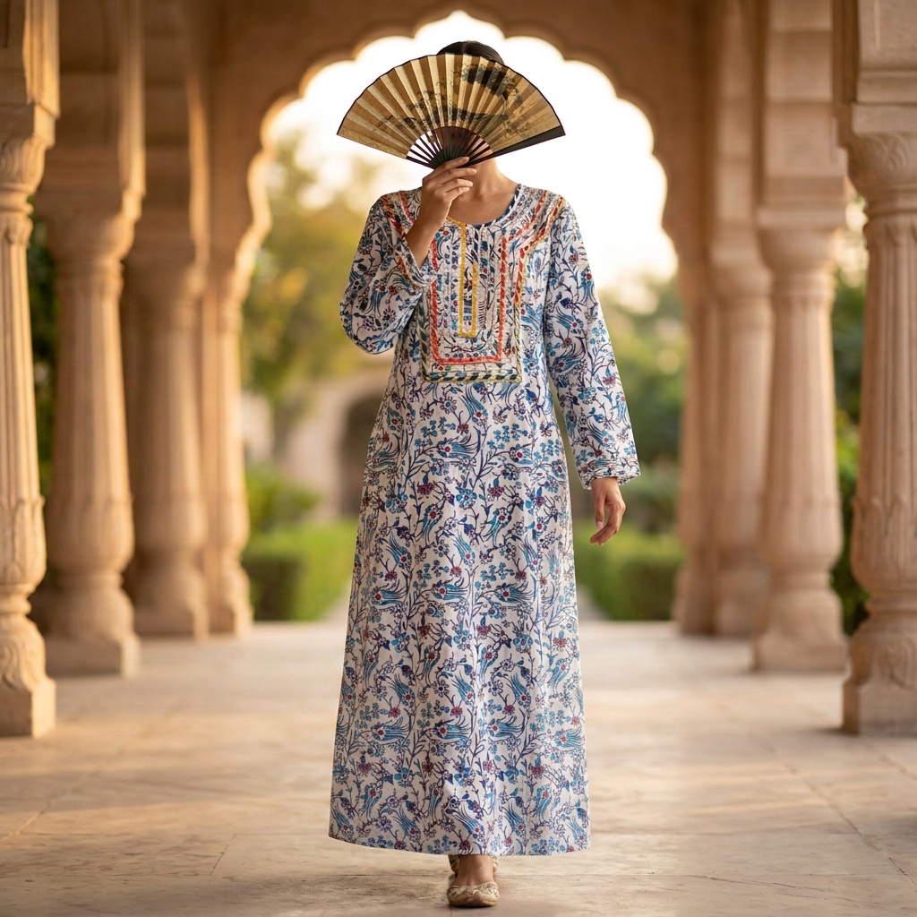 L-XL Harisa Printed Cotton Dress 57" Long Jalabiya TN 665
