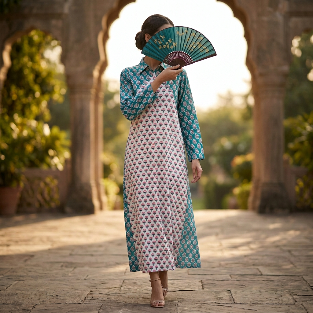 XS/S Crystal Honey Printed Cotton Dress 54" Long Jalabiya TN 670