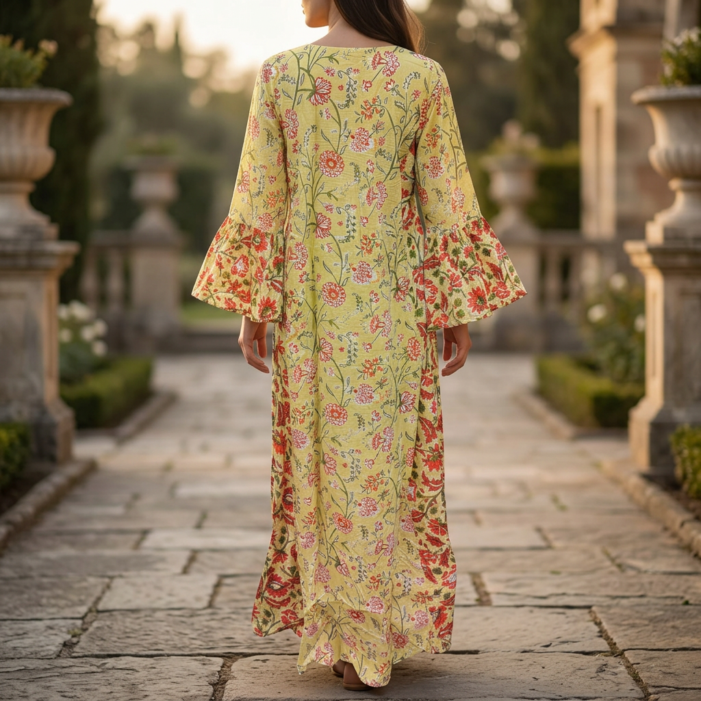 S/M Crystal Husn Printed Cotton Dress 57" Long Jalabiya TN 673