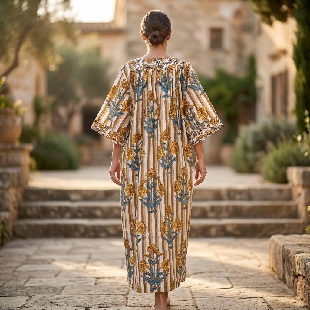 XS/S Crystal Nawaar Printed Cotton Dress 54" Long Jalabiya TN 674