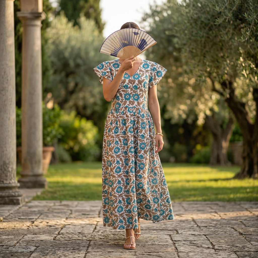S-M Crystal Precious Printed Cotton Dress 57" Long Jalabiya TN 678