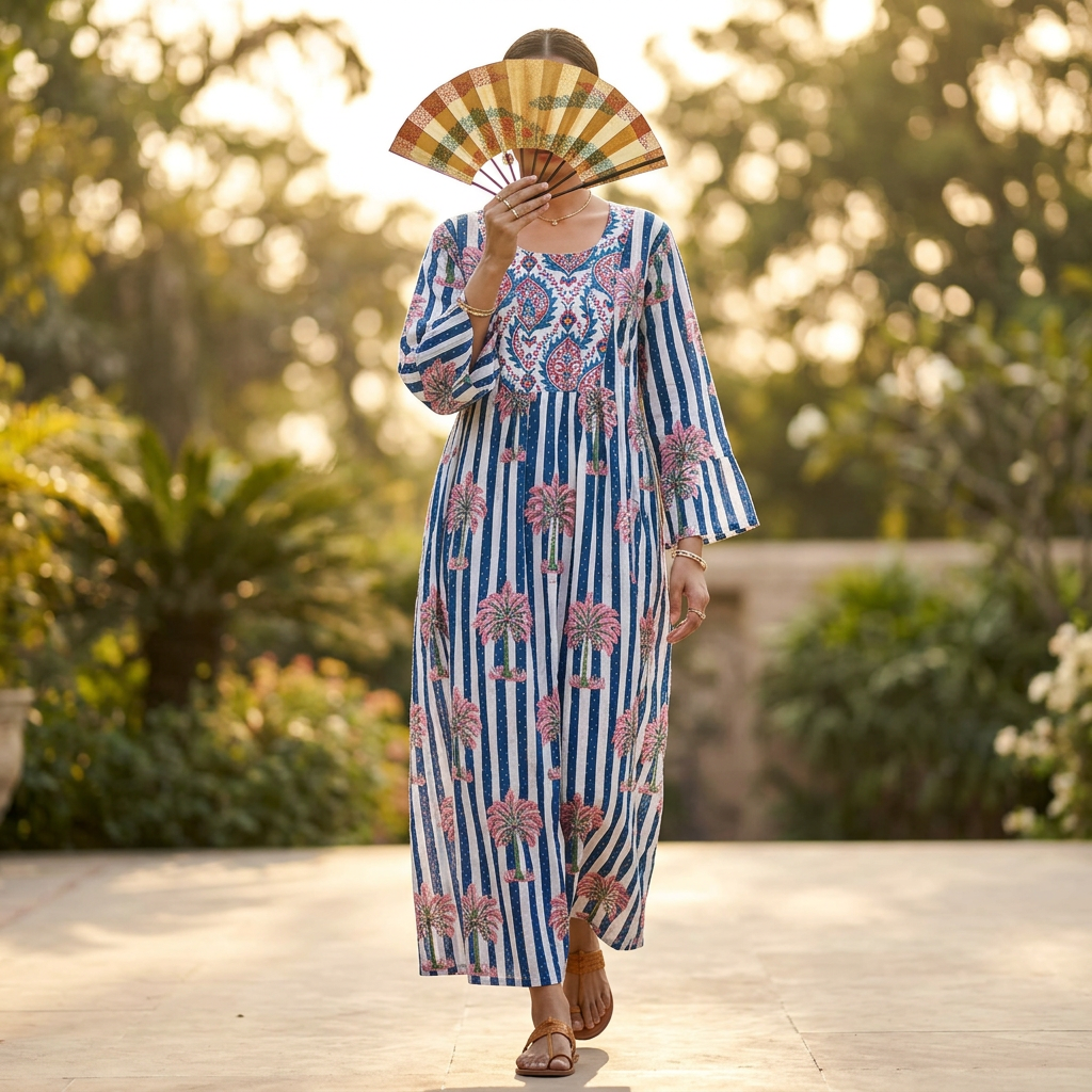 S-M Crystal Rania Printed Cotton Dress 57" Long Jalabiya TN 679
