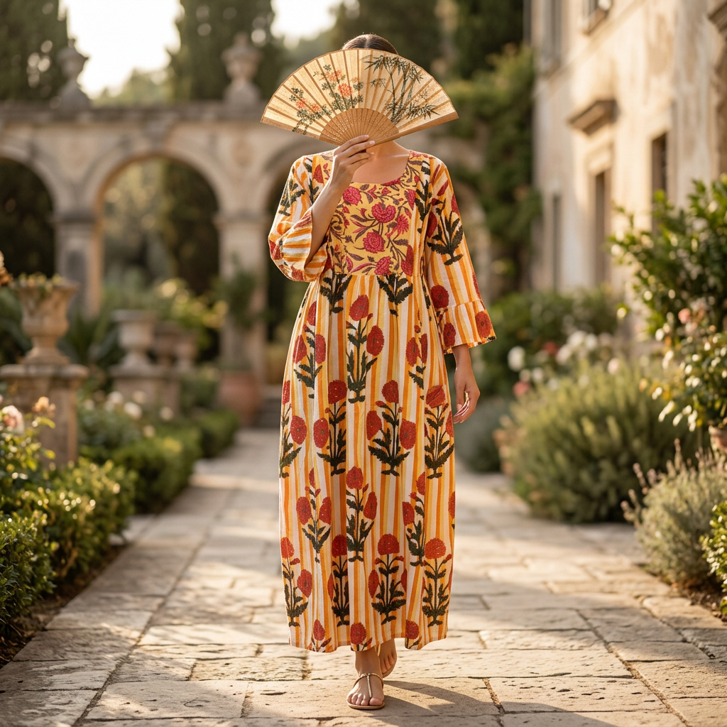 S-M Crystal Rania Printed Cotton Dress 57" Long Jalabiya TN 680