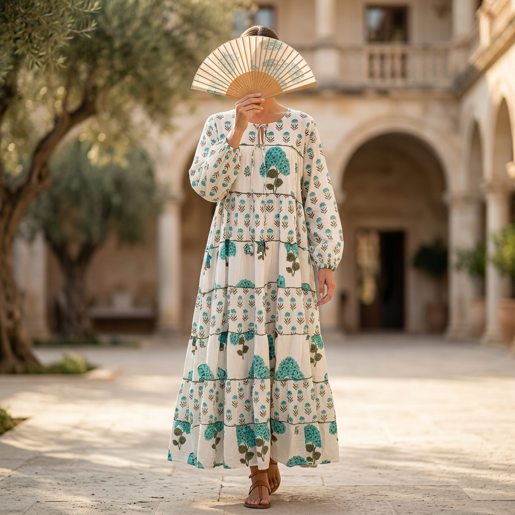 S/M Bushra Printed Cotton Dress 57" Long Jalabiya TN 686