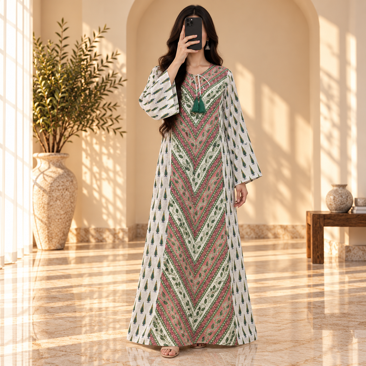 S/M Leila Crystal Printed Cotton Long Dress Jalabiya – 57