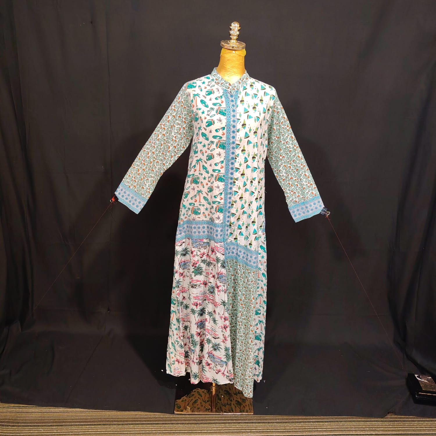 XS/S Aquamarin Printed Cotton Dress 54" Long Jalabiya TN 70
