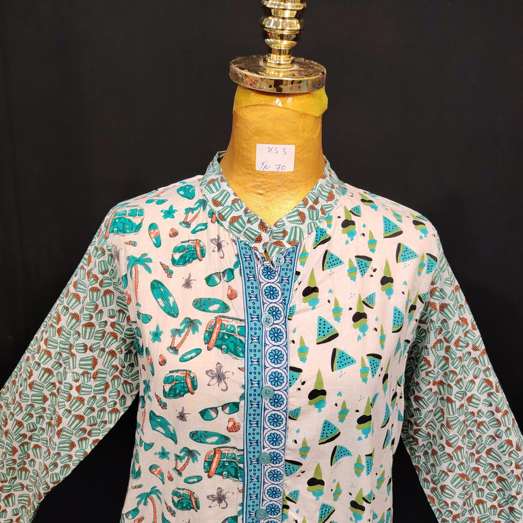 XS/S Aquamarin Printed Cotton Dress 54" Long Jalabiya TN 70