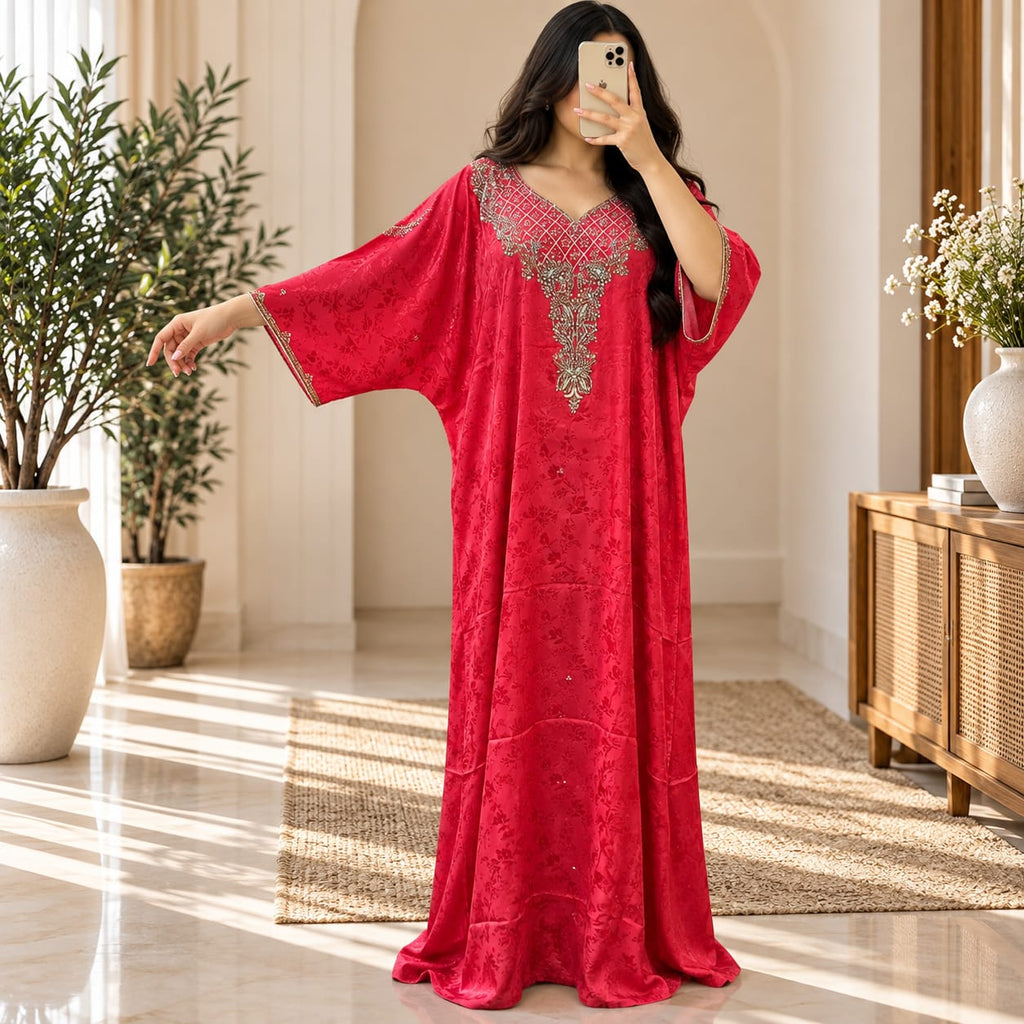 Luxury Silk Jacquard Abaya | Elegant Embroidered Free-Size