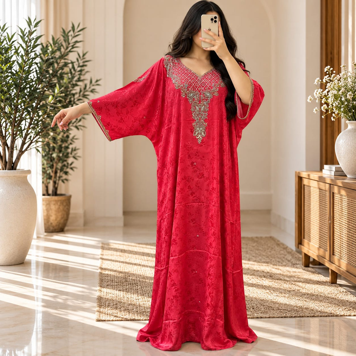 Luxury Silk Jacquard Abaya | Elegant Embroidered Free-Size