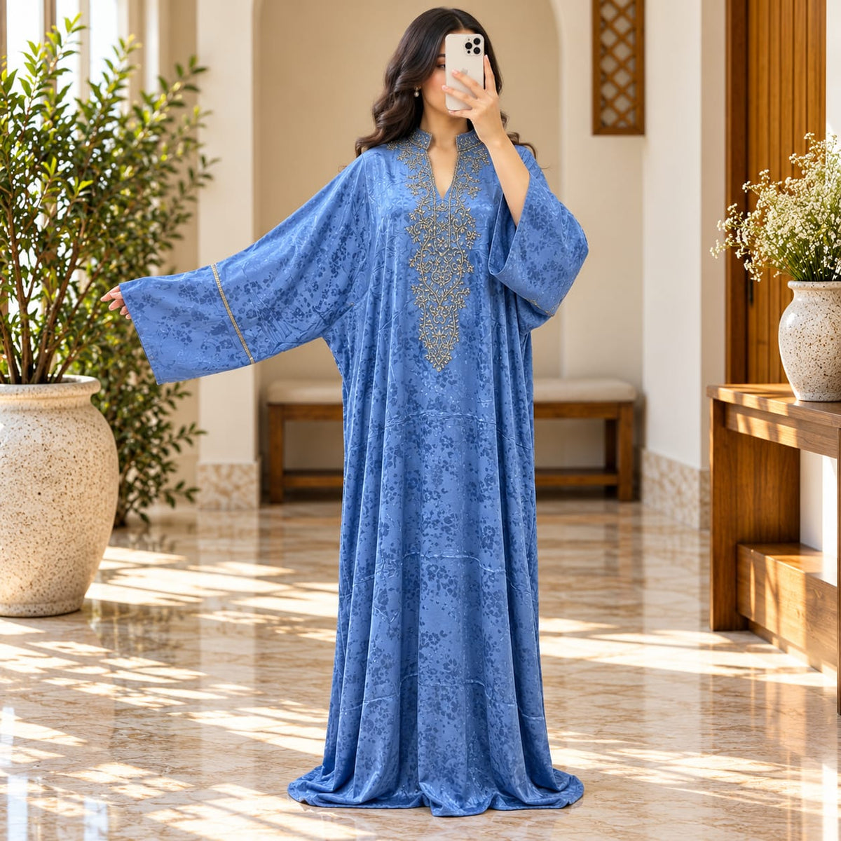 Luxury Silk Jacquard Abaya | Elegant Embroidered Free-Size