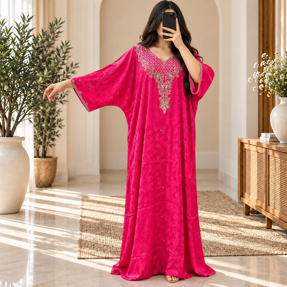 Luxury Silk Jacquard Abaya | Elegant Embroidered Free-Size