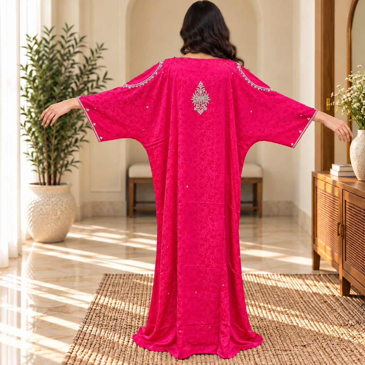 Luxury Silk Jacquard Abaya | Elegant Embroidered Free-Size