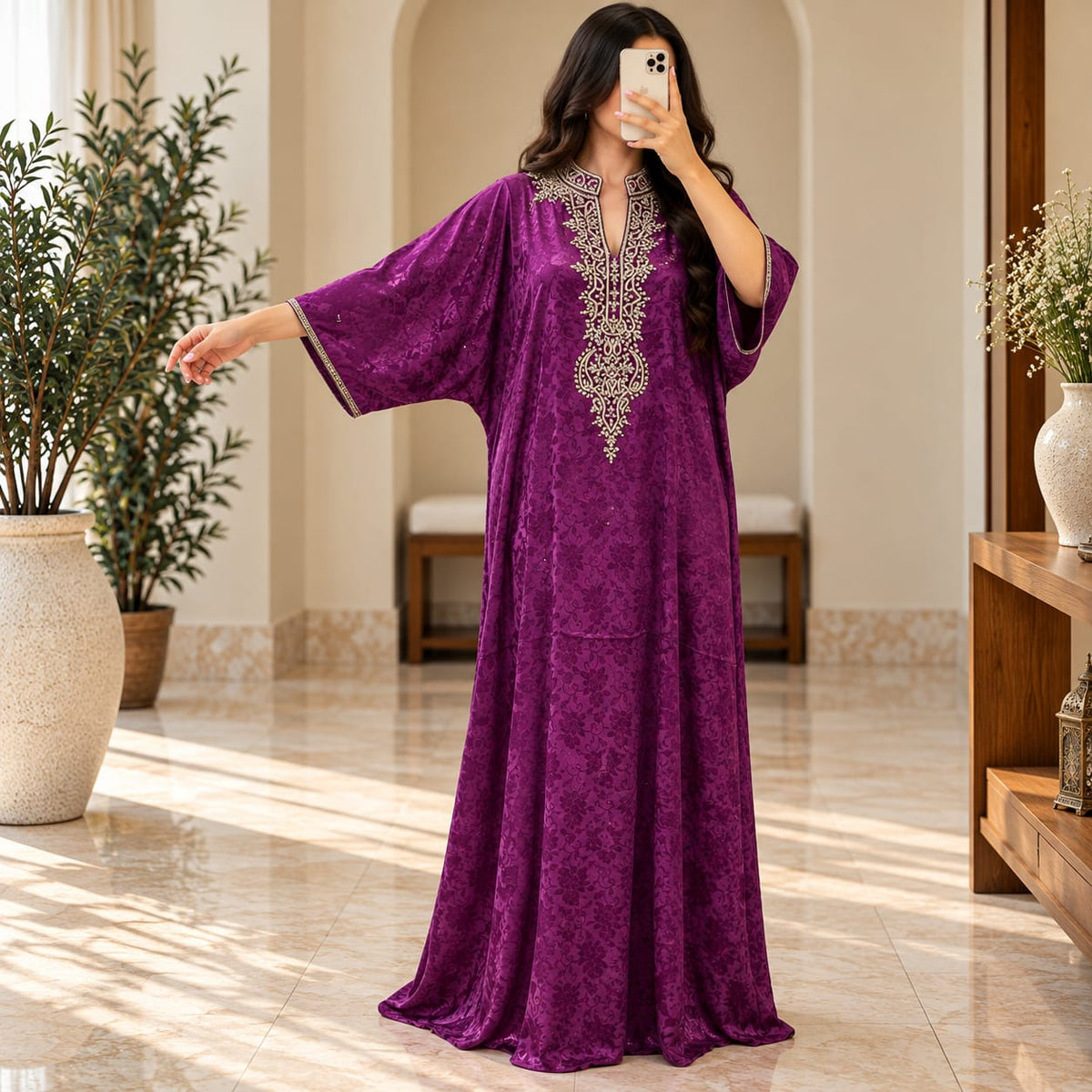 Luxury Silk Jacquard Abaya | Elegant Embroidered Free-Size