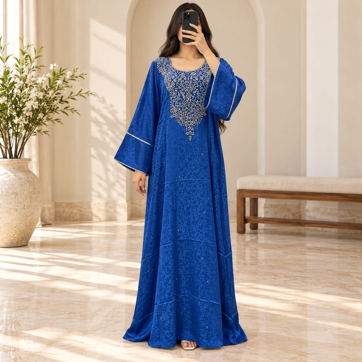 Luxury Silk Jacquard Abaya | Elegant Embroidered Free-Size