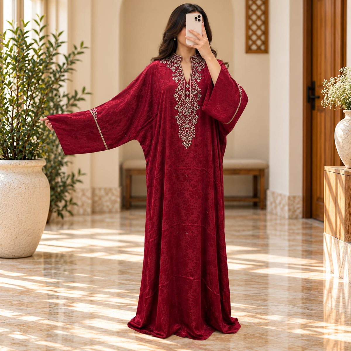 Luxury Silk Jacquard Abaya | Elegant Embroidered Free-Size