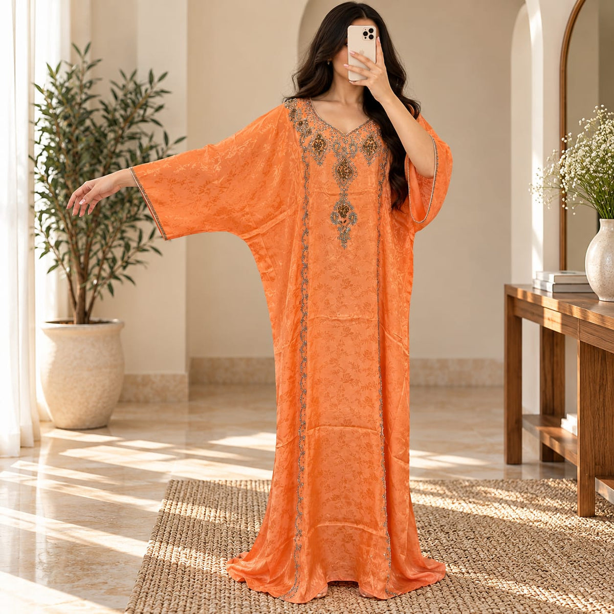 Luxury Silk Jacquard Abaya | Elegant Embroidered Free-Size