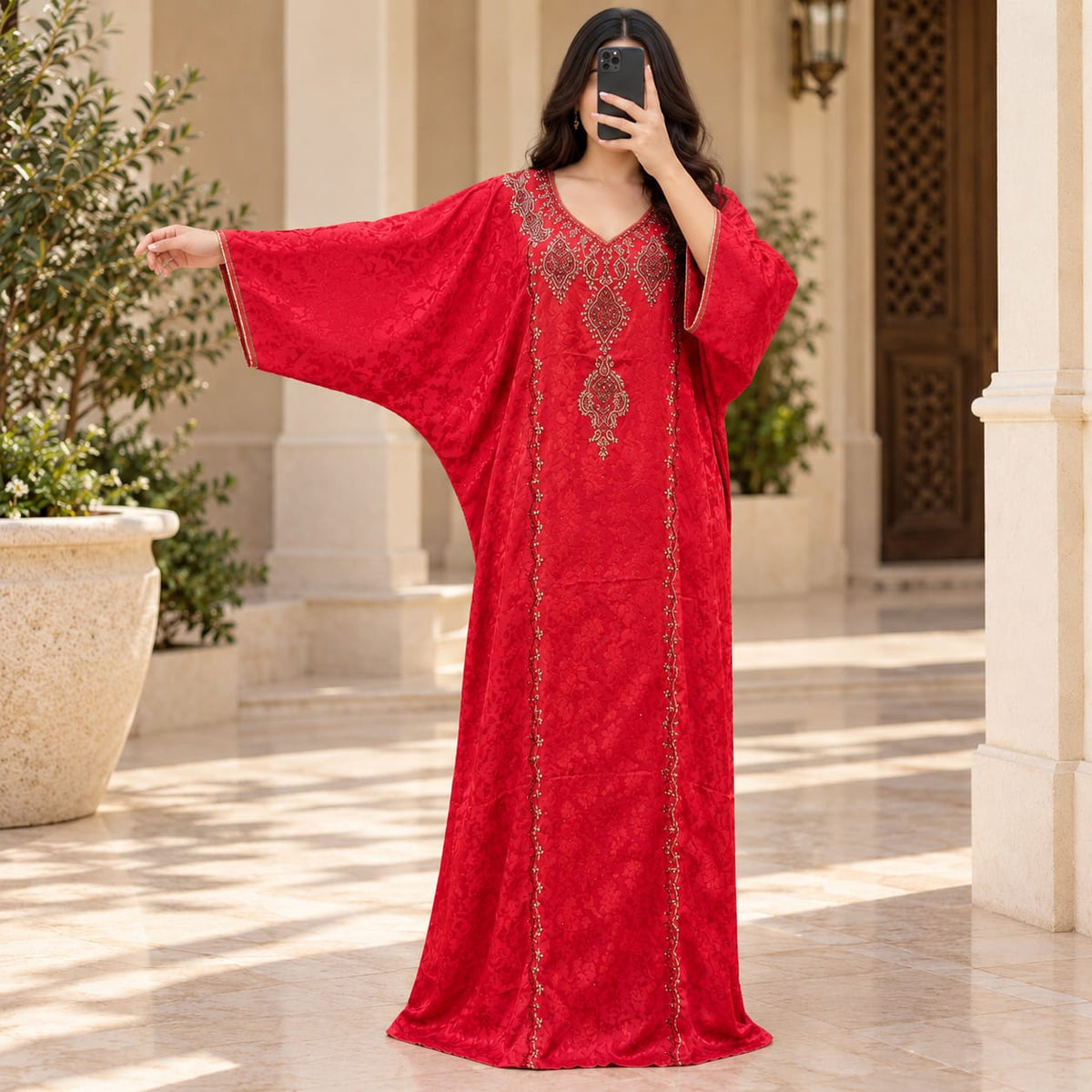 Luxury Silk Jacquard Abaya | Elegant Embroidered Free-Size