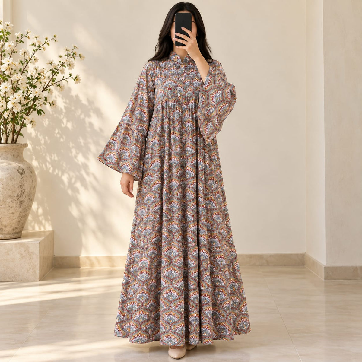 L/XL Halisa Printed Cotton Long Dress Jalabiya – 57"