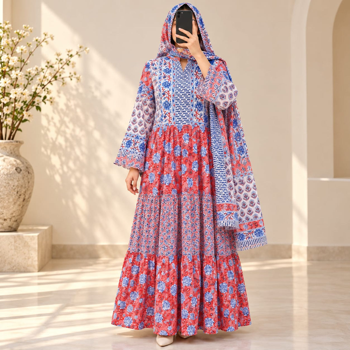 S-M Afifa Printed Cotton Dress 57" Long Jalabiya With Sheila